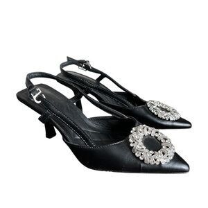 Black Crystal Buckle Slingback Heels Pointed Toe Size 6